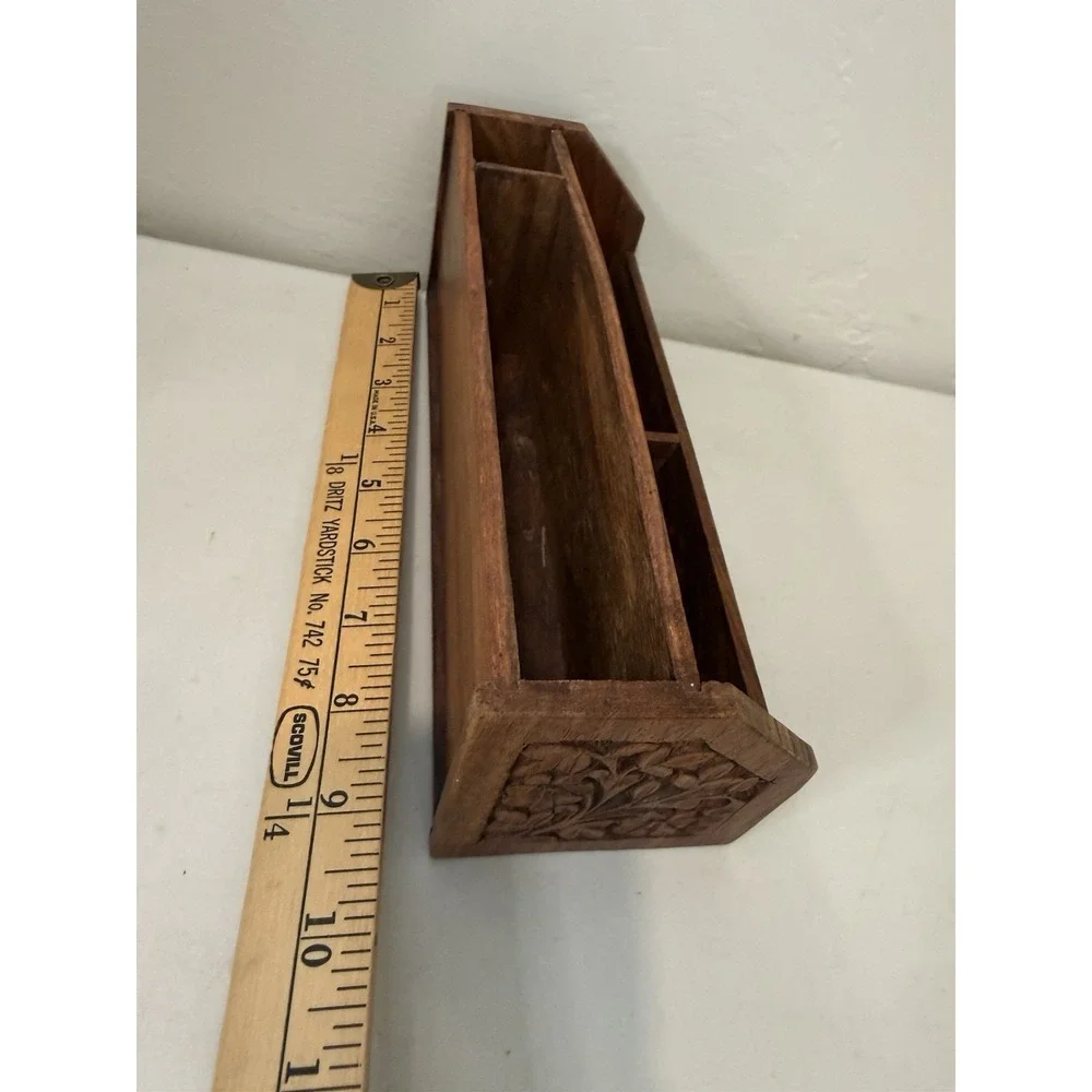 Vintage Wood Desk Organizer Brass Inlay Letter Holder Mail Sorter Paper Caddy